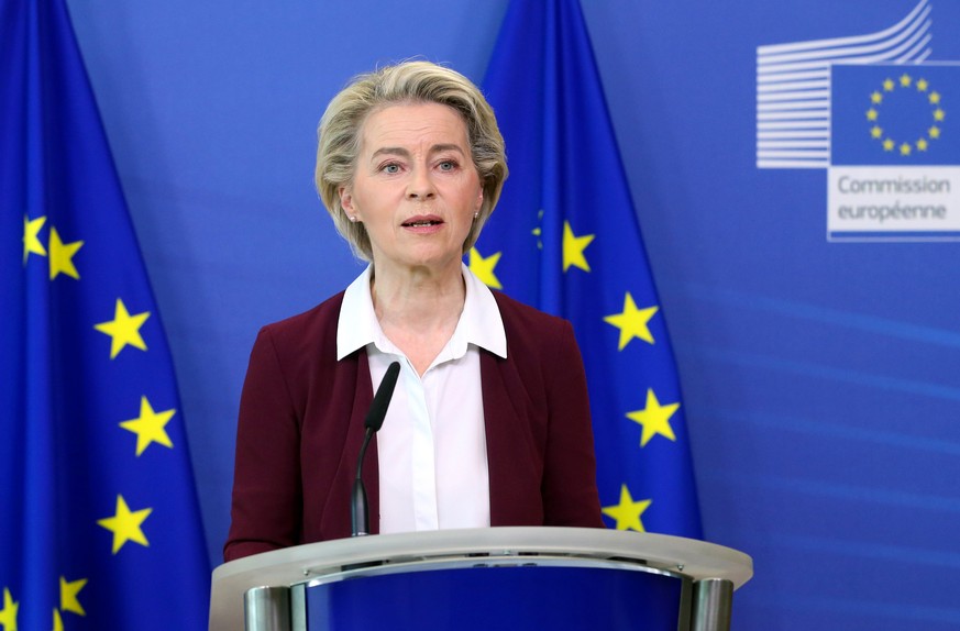 European Commission President Ursula von der Leyen speaks during a media conference at EU headquarters in Brussels Saturday, July 10, 2021. The European Union has hit its target of delivering enough c ...