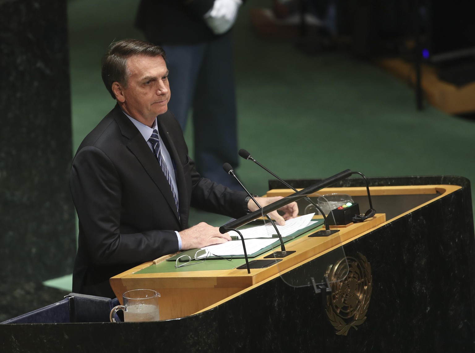 NEW YORK, USA - (ARCHIVE): A file photo dated September 24, 2019 shows President of Brazil Jair Bolsonaro speaking at the 74th session of United Nations General Assembly at UN Headquarters in New York ...