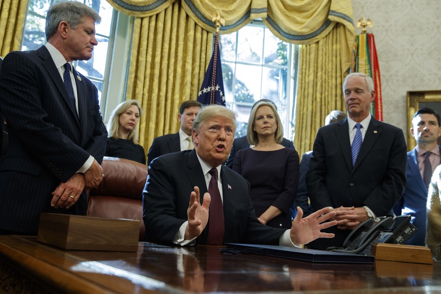 President Donald Trump answers a reporters question about the investigation of special counsel Robert Mueller during a signing ceremony of the &quot;Cybersecurity and Infrastructure Security Agency Ac ...