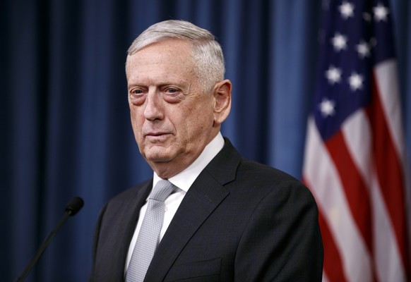 Defense Secretary Jim Mattis speaks at the Pentagon, Friday, April 13, 2018, on the U.S. military response, along with France and Britain, ito Syria's chemical weapon attack on April 7.​ (AP Photo/Car ...