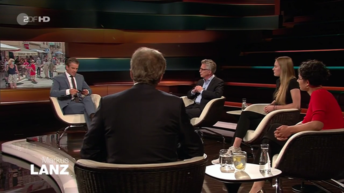 Die Gäste bei "Markus Lanz" (v.l.n.r.): Thomas de Maizière, Tabea Engelke, Katharina Hamberger und Alexander Kekulé.