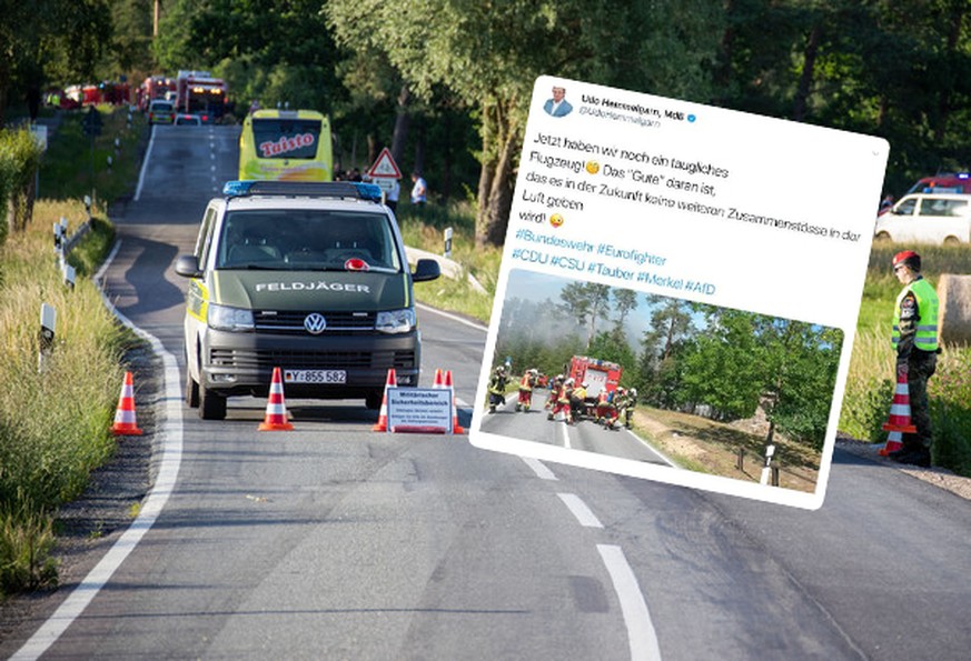 24.06.2019, Mecklenburg-Vorpommern, Jabel: Ein Feldjäger steht auf einer abgesperrte Straßen in der Nähe der Absturzstellen eines Eurofighters in der Nähe von Jabel. Die Luftwaffe hat am Montag den Ab ...