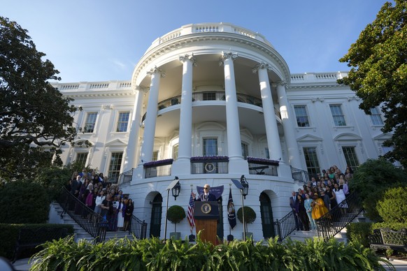 President Joe Biden speaks during the Violence Against Women Act 30th anniversary celebration on the South Lawn of the White House, Thursday, Sept. 12, 2024, in Washington. (AP Photo/Manuel Balce Cene ...