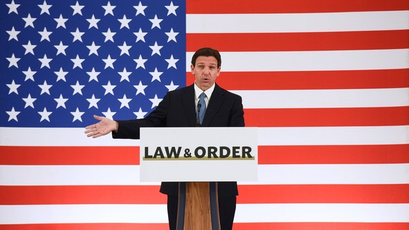 May 1, 2023, Titusville, Florida, USA: Florida Governor RON DESANTIS speaks at a press conference at the American Police Hall of Fame &amp; Museum in Titusville. DeSantis used the event to sign bills  ...