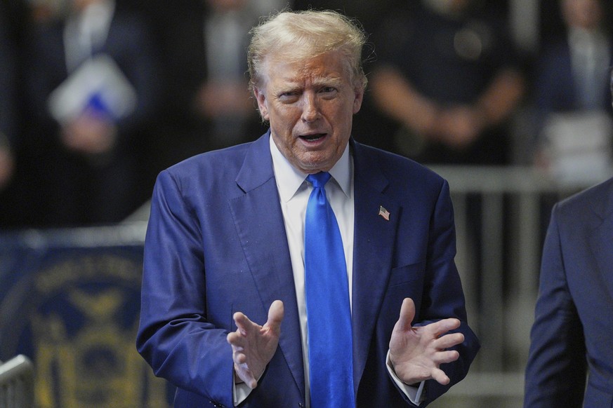 03.05.2024, USA, New York: Der ehemalige US-Präsident Donald Trump spricht zu den Medien, als er zu seinem Prozess vor dem Strafgericht in Manhattan zurückkehrt. Foto: Curtis Means/DailyMail.com Pool  ...