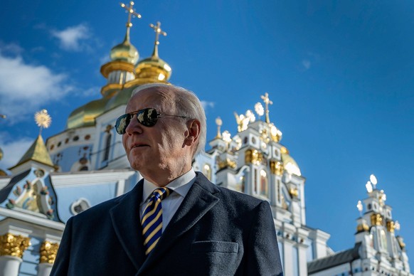 February 20, 2023, Kyiv, Ukraine: US President JOE BIDEN and Ukrainian President Zelensky visits St. Michael s Golden-Domed Cathedral in Kyiv. Biden made a surprise trip to Kyiv ahead of the first ann ...