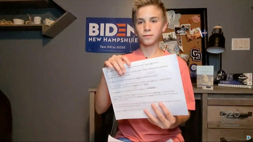 Brayden Harrington speaks by video feed about the bond he shares with Joe Biden over stuttering during the 4th and final night of the 2020 Democratic National Convention, as participants from across t ...