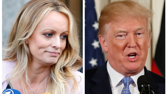 FILE PHOTO: A combination photo shows Adult film actress Stephanie Clifford, also known as Stormy Daniels speaking in New York City, and U.S. President Donald Trump speaking in Washington, Michigan, U ...