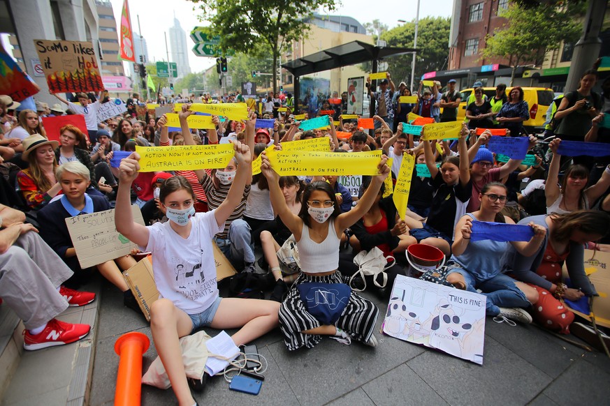SOLIDARITY SIT DOWN STUDENT RALLY, Student activists from School Strike for Climate Australia SS4C hold a Solidarity Sit-down outside of the office of the Liberal Party of Australia in Sydney, Friday, ...