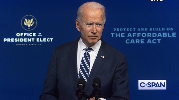 November 10, 2020 - Wilmington, Delaware, USA. - Video grab of C-SPAN s coverage of President-elect JOE BIDEN delivering remarks about the Affordable Care Act. Earlier in the day the Supreme Court hea ...