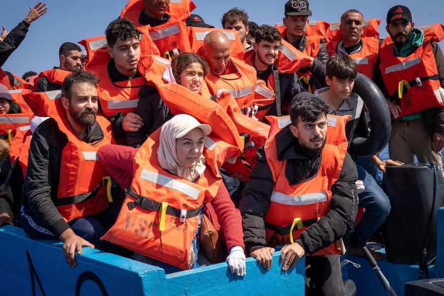 Rescue Mission of Doctors without Borders in the central Mediterranean Sea - 16 Mar 2024 People rescued by MSF Geo Barents, among them many women and children. March 16, 2024, MSF vessel Geo Barents i ...