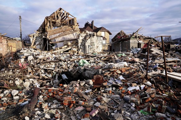 SUMY, UKRAINE - APRIL 14, 2022 - The houses destroyed by Russian shelling lie in ruins, Sumy, northeastern Ukraine., Credit:Anna Voitenko / Avalon