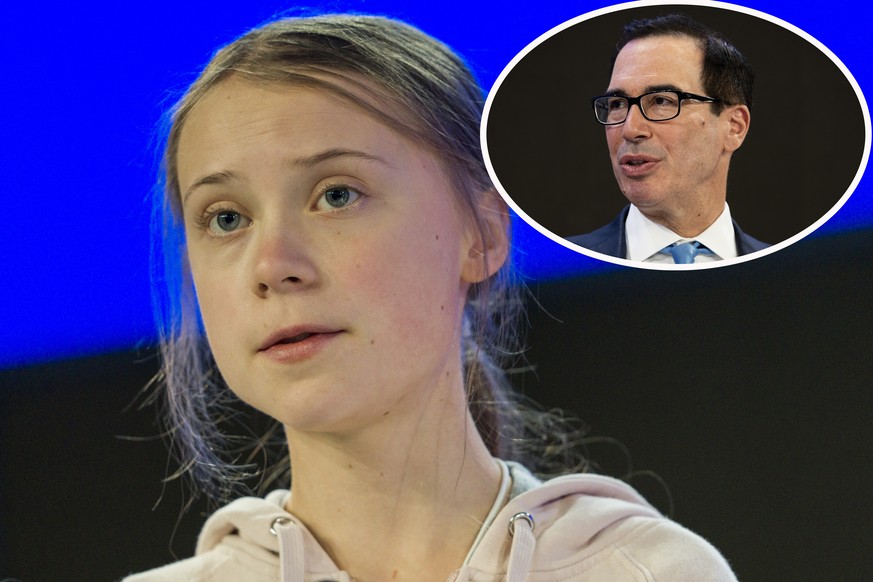 Hat im Gegensatz zu Greta Thunberg (l.) immerhin einen Bachelor: US-Finanzminister Steven Mnuchin.