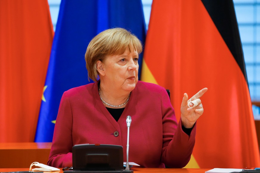 28.04.2021, Berlin: Bundeskanzlerin Angela Merkel (CDU) nimmt an den Gespr