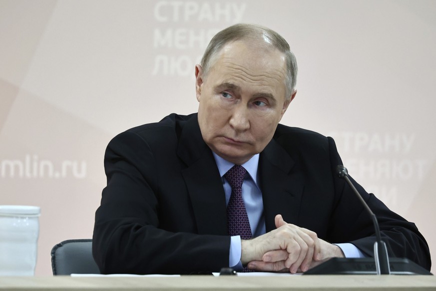 Russian President Vladimir Putin chairs a meeting of the Supervisory Board of the Agency for Strategic Initiatives to Promote New Projects (ASI) in Moscow, Russia, Wednesday, May 22, 2024. (Mikhail Te ...