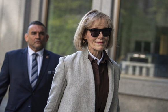 Former advice columnist E. Jean Caroll walks into Manhattan federal court on Tuesday, April 25, 2023, in New York. Jury selection is scheduled to begin in a trial over Carroll's claim that former ...