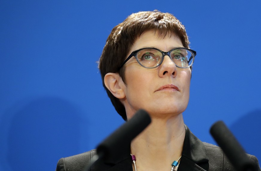 Annegret Kramp-Karrenbauer, General Secretary of the German Christian Democratic Union (CDU) party, addresses the media during a press conference in Berlin, Germany, Wednesday, Nov. 7, 2018. Kramp-Kar ...