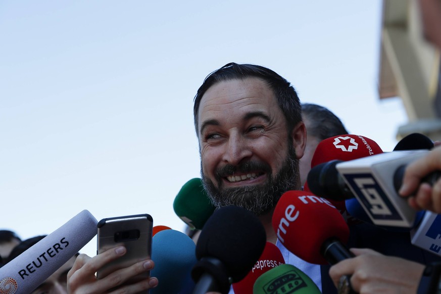 VOX candidate Santiago Abascal speaks to the media after casting his vote during Spain s general election in Madrid, Spain, April 28, 2019. Alterphotos / David Lamas PUBLICATIONxINxGERxSUIxAUTxONLY (1 ...
