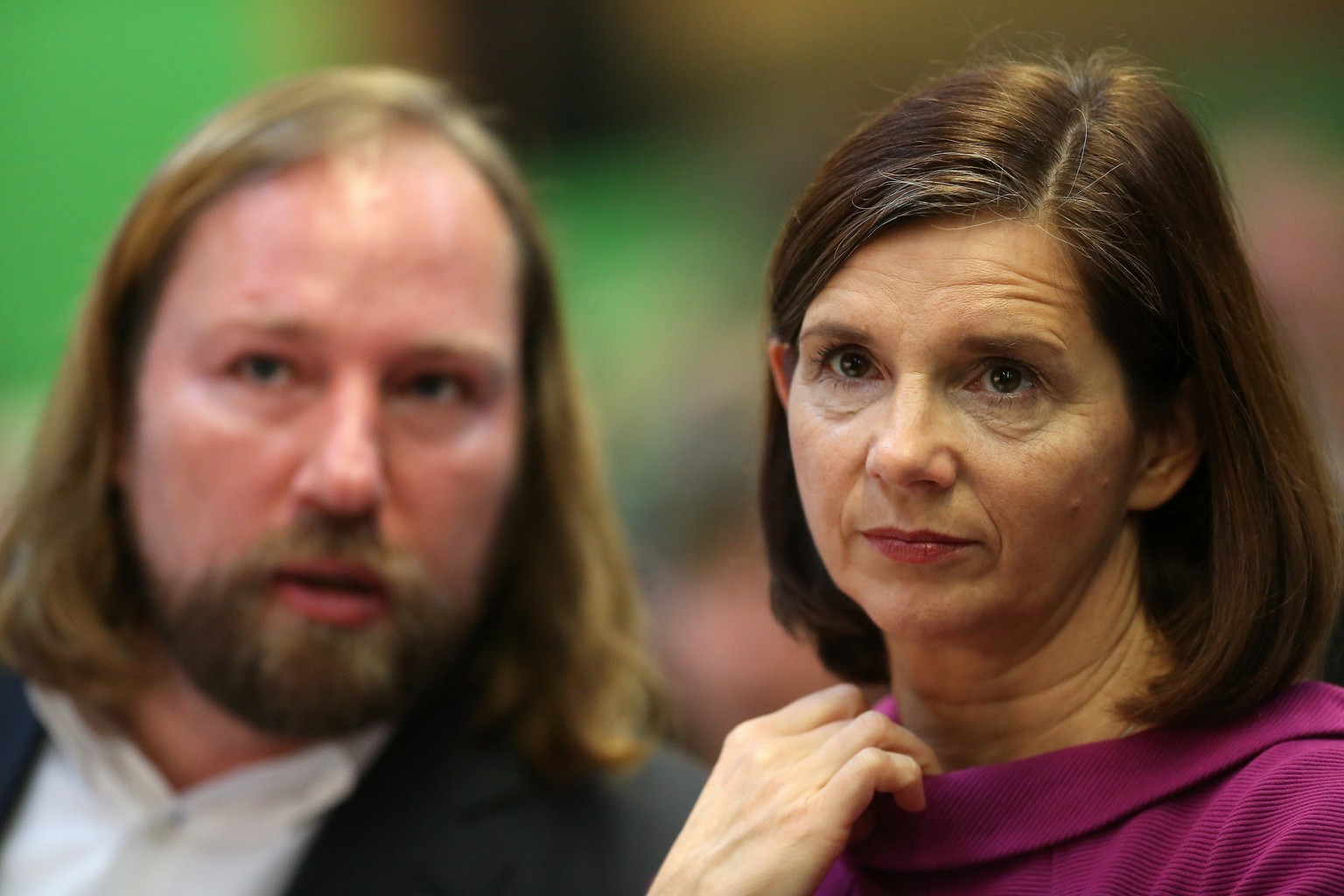 BERLIN, GERMANY - NOVEMBER 25: Green Party Member Anton 'Toni' Hofreiter (L) and co-leader of the Green Party Katrin Goering-Eckardt attend a party federal Congress of Alliance 90/The Greens on Novemb ...