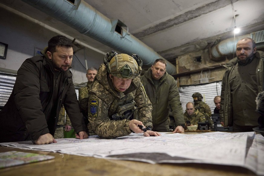 November 30, 2023, Kupyansk, Kharkiv region, Ukraine: Left to right: Ukrainian President Volodymyr Zelenskyy, Commander of the Ground Forces Oleksandr Syrskyi, chief of presidential staff Andriy Yerma ...