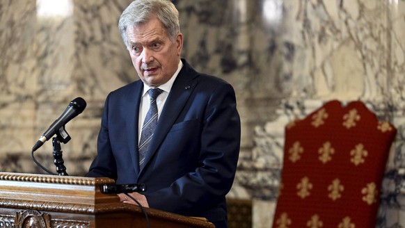 President of Finland Sauli Niinistö holds a press conference during his visit to the Washington State Capitol Building in Olympia, USA, on March 6, 2023. Finnish President Niinistö is on a 5-days visi ...