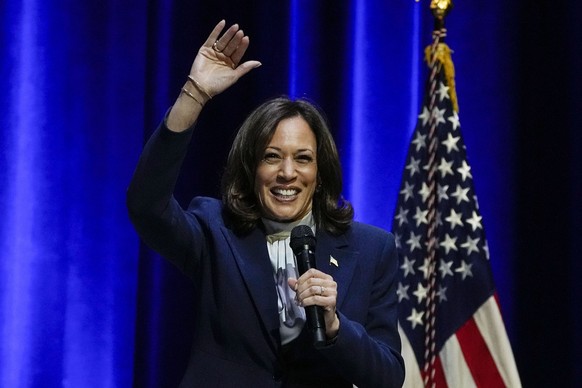 Vice President Kamala Harris waves to the crowd before speaking about climate change at Georgia Tech, Wednesday, Feb. 8, 2023, in Atlanta. (AP Photo/John Bazemore)