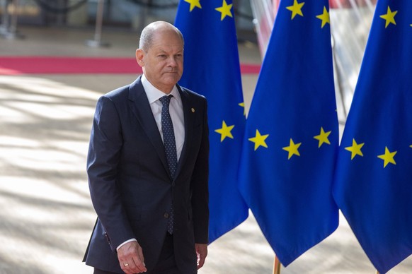 Chancellor of Germany Olaf Scholz arrives for arrives for an EU-Western Balkan meeting, ahead of the European council summit, in Brussels, Thursday 23 June 2022. The leaders of Serbia, Albania and Nor ...