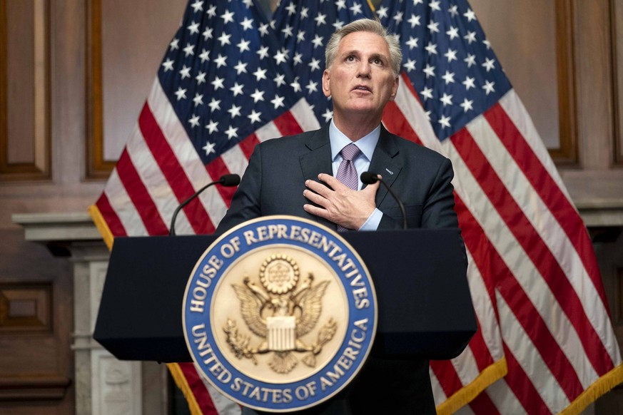 Rep. Kevin McCarthy, R-CA, speaks during a press conference after being ousted as Speaker of the House at the U.S. Capitol in Washington, DC on Tuesday, October 3, 2023. McCarthy was removed by a moti ...