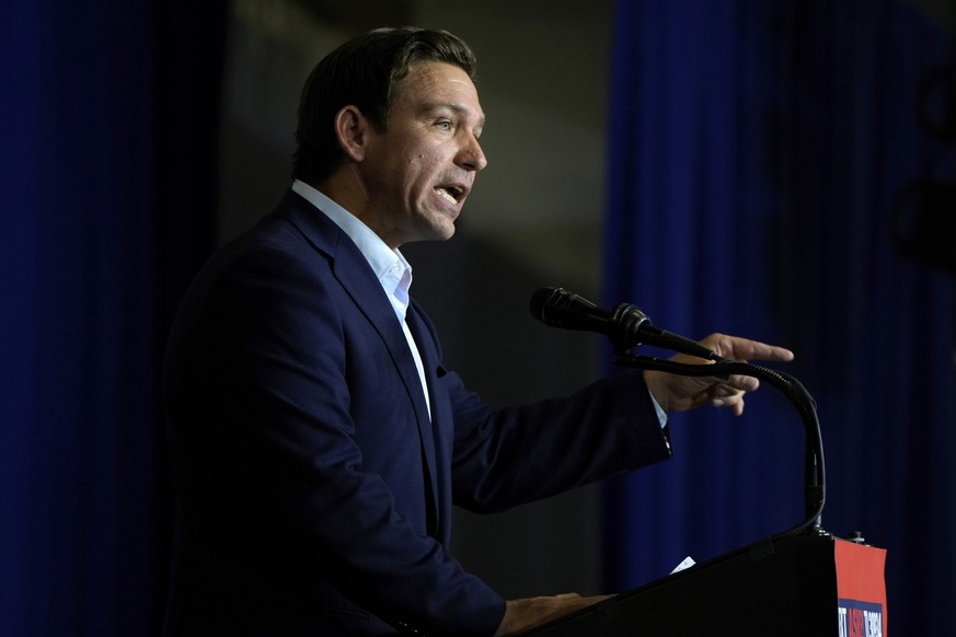 Republican presidential candidate Florida Gov. Ron DeSantis speaks during a fundraising event for U.S. Rep. Ashley Hinson, R-Iowa, Sunday, Aug. 6, 2023, in Cedar Rapids, Iowa. (AP Photo/Charlie Neiber ...