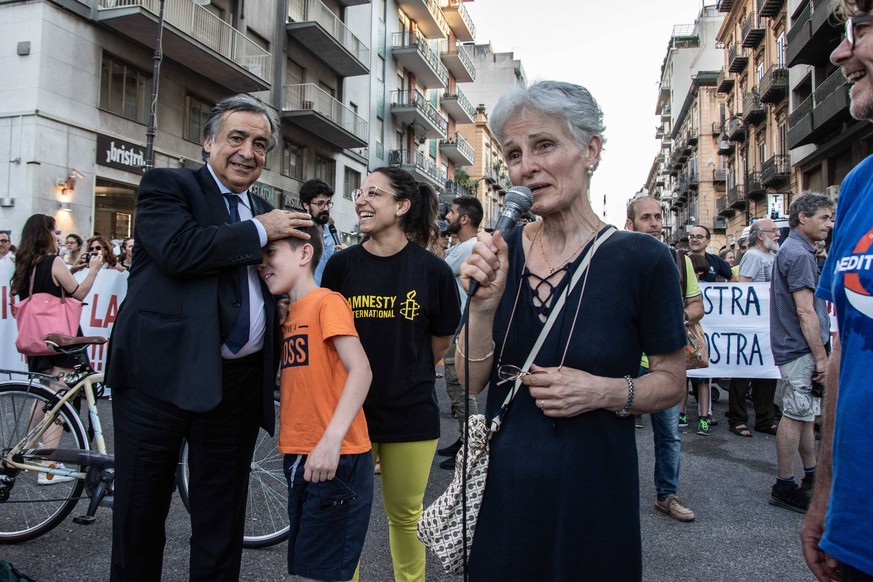 July 2, 2019 - Palermo, Italy - The mayor of Palermo Leoluca Orlando (L) and the professor Rosa Maria Dell Aria (R) take part at a rally support of Captain Carola Rackete and the Sea Watch crew 3 in P ...