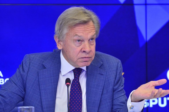Press conference of Alexei Pushkov, Chairman of the Commission of the Federation Council of the Russian Federation on Information Policy. MMPC Russia today, Moscow, July 20, 2023. In the photo: Alexey ...