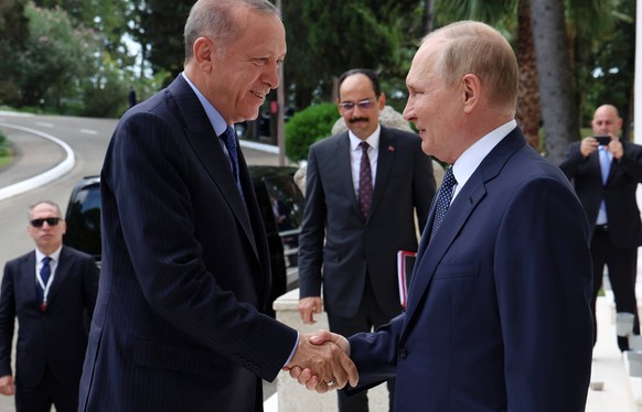 Wladimir Putin begrüßt den türkischen Präsidenten bei einem Treffen in Sotschi am Schwarzen Meer.