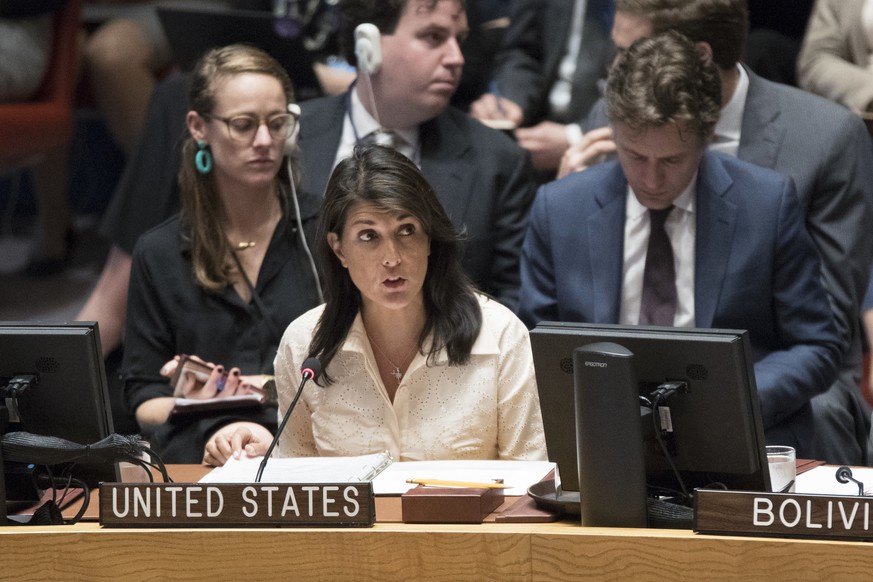 U.S. Ambassador to the United Nations Nikki Haley speaks during a Security Council meeting on the situation in Gaza, Tuesday, May 15, 2018 at United Nations headquarters. (AP Photo/Mary Altaffer)
