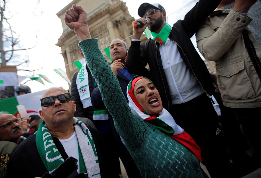 Demonstrators gather during a protest against President Abdelaziz Bouteflika, who seeks a fifth term in a presidential election set for April 18, in Marseille, France March 3, 2019. REUTERS/Jean-Paul  ...