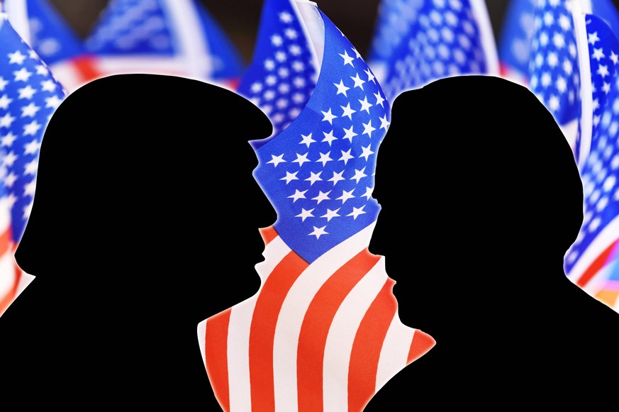 Donald J. Trump und Joe Biden vor US-Flagge Fotomontage. Die Präsidentschaftswahl in den Vereinigten Staaten 2020 ist für den 3. November 2020 vorgesehen. Es ist die 59. Wahl zum Präsidenten der Verei ...
