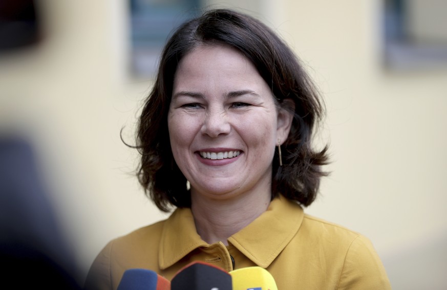 FILE - In this Monday, Aug. 19, 2019 file photo Annalena Baerbock, co-chairwomen of the German Green party, adresses the media prior to a party&#039;s board meeting in Berlin, Germany. On Monday, Apri ...