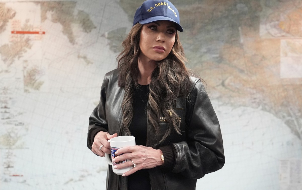 Homeland Security Secretary Kristi Noem listens during a briefing at U.S. Coast Guard Air Station Kodiak, Monday, March 17, 2025, in Kodiak, Alaska. (AP Photo/Alex Brandon)