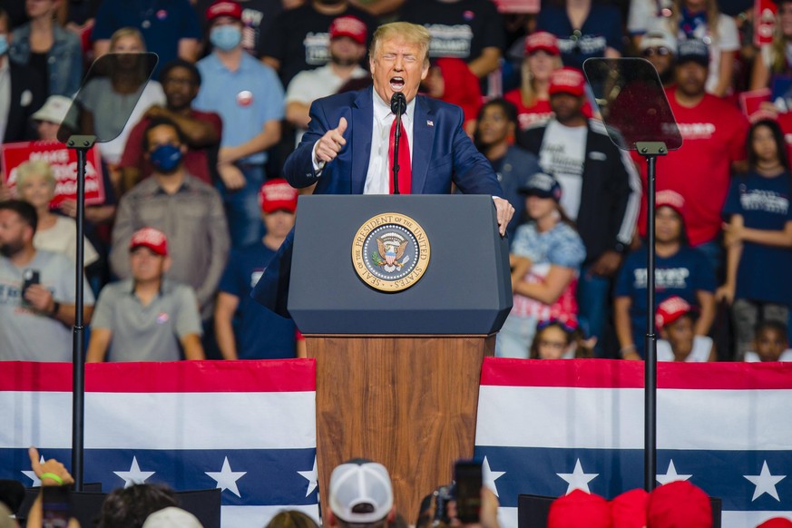President Donald Trump speaks at a campaign rally at the Bank of Oklahoma Center in Tulsa, Oklahoma on Saturday, June 20, 2020. President Donald Trump s campaign rally in Tulsa comes as coronavirus ca ...