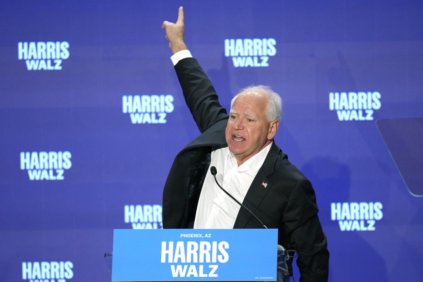 Democratic vice presidential candidate Minnesota Gov. Tim Walz speaks at a campaign event Tuesday, Sept. 10, 2024, in Mesa, Ariz. (AP Photo/Ross D. Franklin)