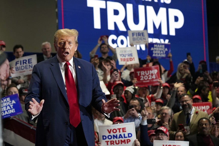 Republican presidential candidate former President Donald Trump gestures at a campaign rally Saturday, March 2, 2024, in Richmond, Va. (AP Photo/Steve Helber)