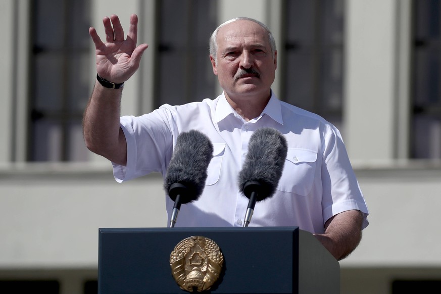 MINSK, BELARUS - AUGUST 16, 2020: Belarus President Alexander Lukashenko gives a speech during a rally of his supporters in Independence Square. Following the announcement of the election results on 9 ...