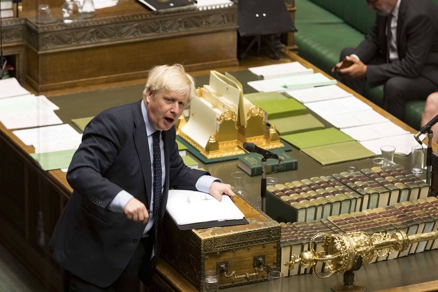 (190903) -- LONDON, Sept. 3, 2019 (Xinhua) -- British Prime Minister Boris Johnson speaks in the House of Commons in London, Britain, on Sept. 3, 2019. British Prime Minister Boris Johnson on Tuesday  ...