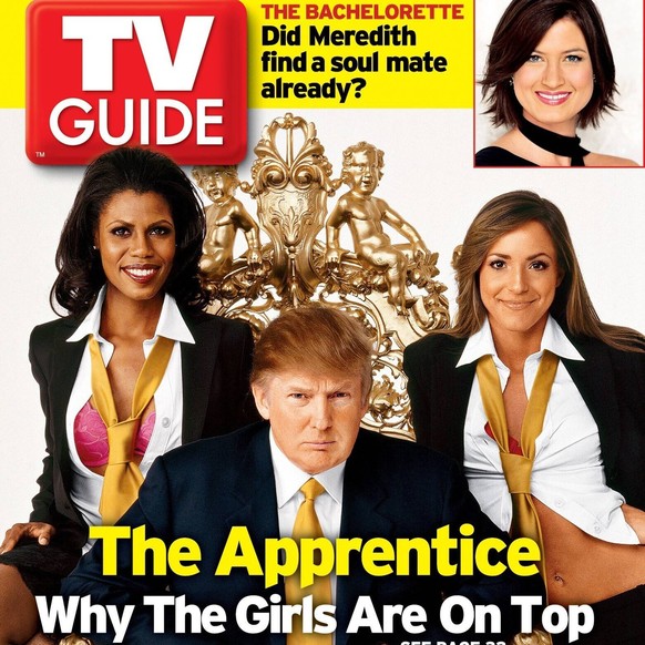 THE APPRENTICE, from left: Omarosa Manigault-Stallworth, Donald Trump, Ereka Vetrini inset: Meredith Phillips, TV GUIDE cover, February 7-13, 2004. TV Guide/courtesy Everett Collection Ref:TVGC005 H54 ...