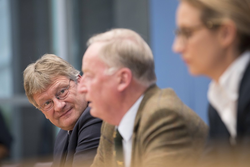 September 25, 2017 - Berlin, Germany - Top candidates of Alternative for Germany AfD, Alternative fuer Deutschland Alexander Gauland C and Alice Weidel R and chaiman Joerg Meuthen L are pictured durin ...