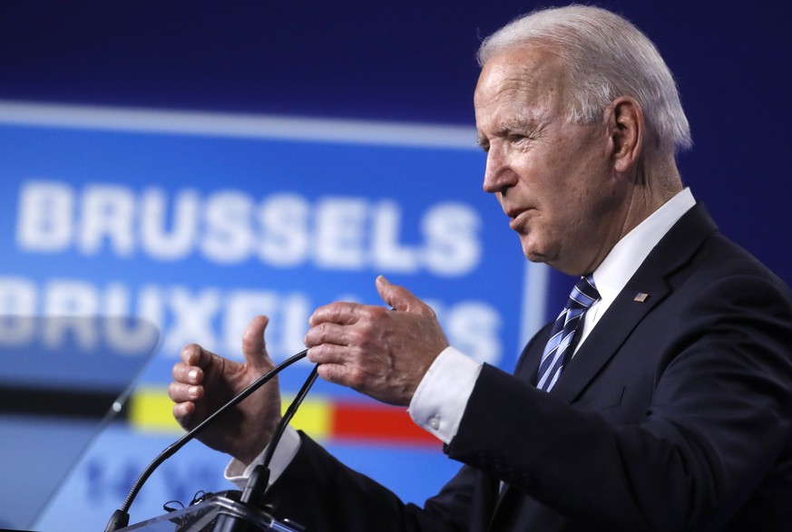 U.S. President Joe Biden speaks during a media conference at a NATO summit in Brussels, Monday, June 14, 2021. U.S. President Joe Biden is taking part in his first NATO summit, where the 30-nation all ...