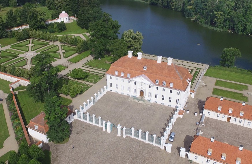 GRANSEE, GERMANY - JULY 01: In this aerial view Schloss Meseberg palace stands on July 1, 2016 in Meseberg near Gransee, Germany. Schloss Meseberg is the German government guest house and is often use ...