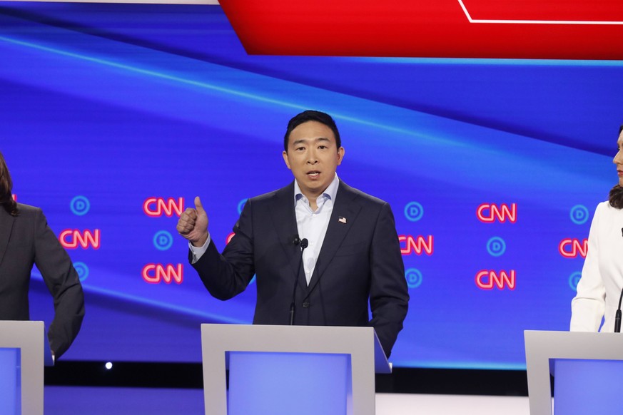 July 31, 2019, Detroit, Michigan, USA: ANDREW YANG on stage during the second of two Democratic Debates in Detroit, hosted by CNN and sanctioned by the DNC. Detroit USA PUBLICATIONxINxGERxSUIxAUTxONLY ...