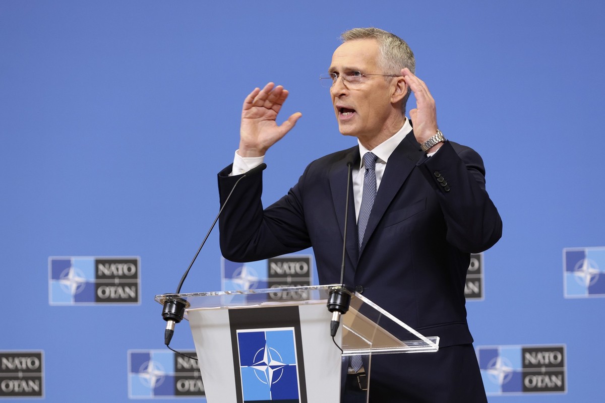 NATO Secretary General Jens Stoltenberg speaks during a media conference, ahead of a meeting of NATO foreign ministers, at NATO headquarters in Brussels, Monday, April 3, 2023. (AP Photo/Geert Vanden  ...