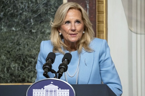 First lady Jill Biden speaks about gun violence during a White House Office of Gun Violence Prevention event with K-12 principals in the Eisenhower Executive Office Building, Thursday, Jan. 25, 2024,  ...