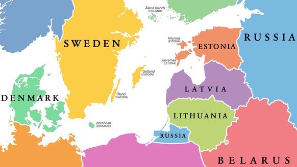 Baltic Sea area, colored countries, political map, with national borders and English names. Countries along the coast of the Baltic Sea, with surrounding countries in Europe. Isolated illustration.